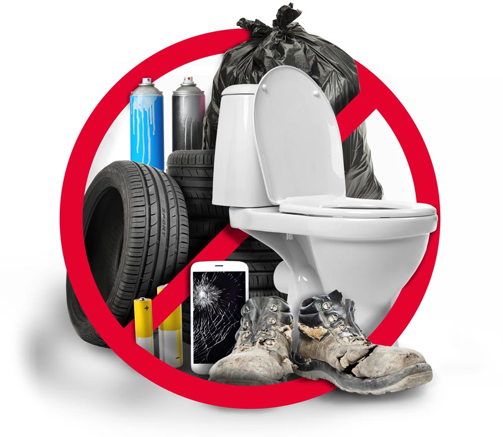 Hier sind Gegenstände abgebildet, die nicht in den Sperrmüll dürfen.