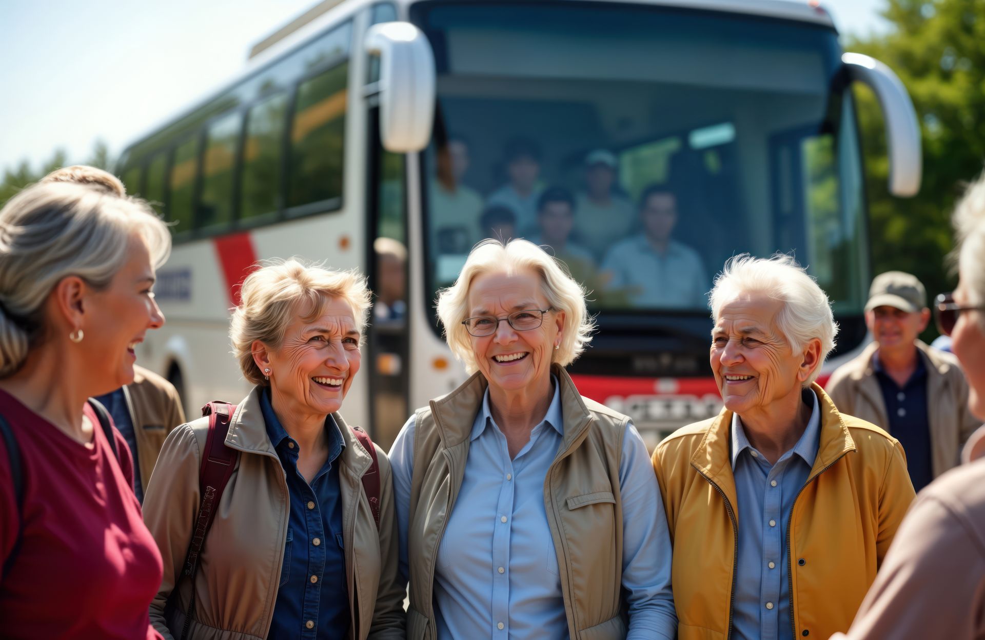Seniorinnen stehen vor einem Bus.