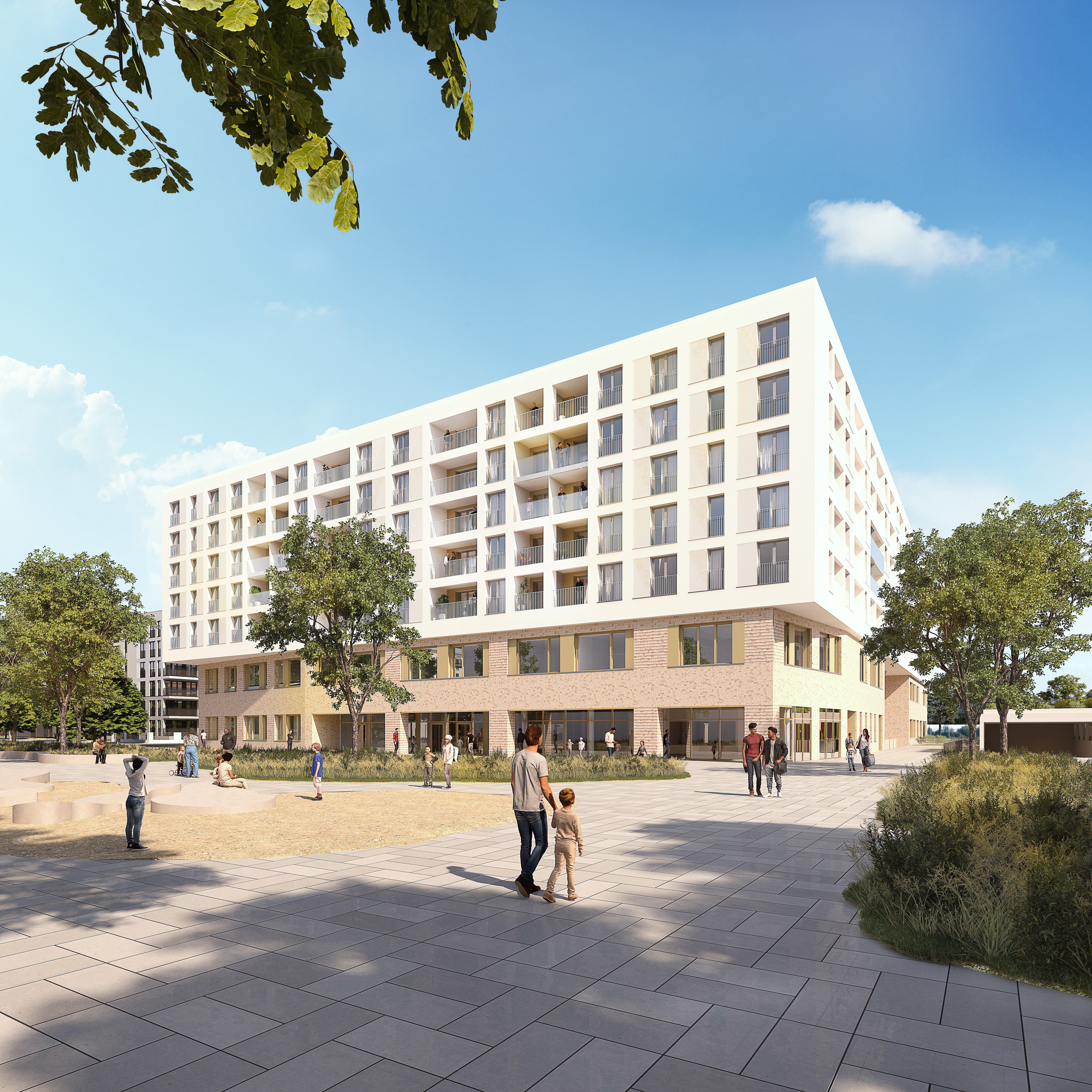 Visualisierung Schönhof-Viertel Schule mit Wohnungen Baufeld G