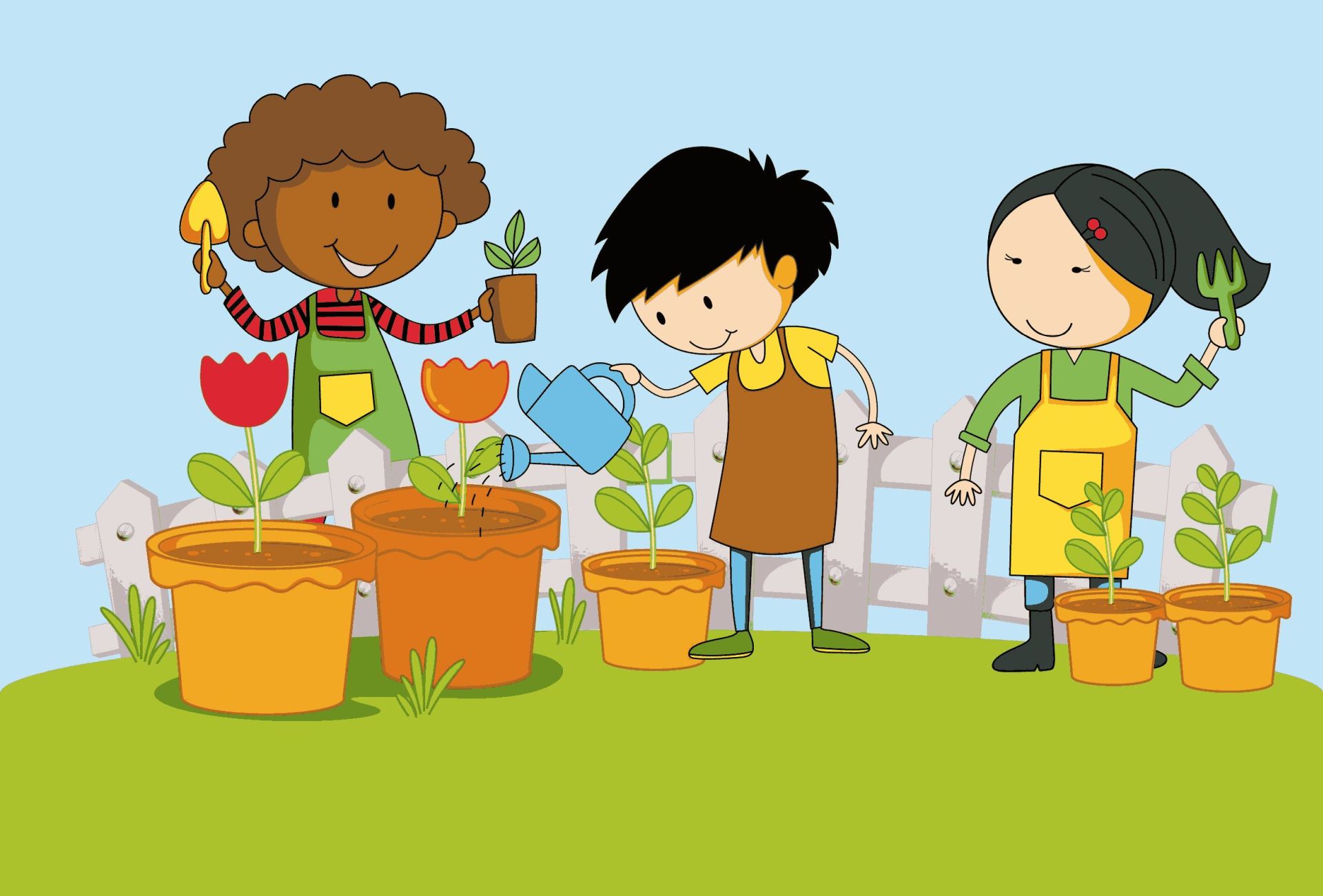 Die Kinder der Power Bande pflanzen Blumen.