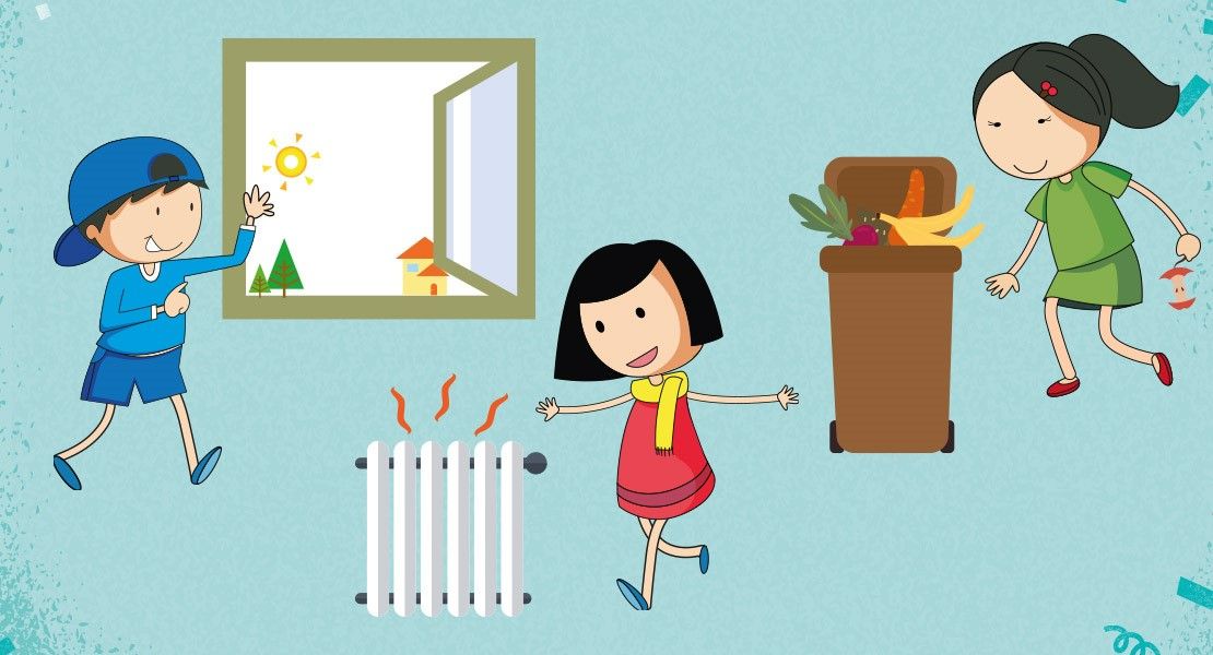 Cenk steht am offenen Fenster. Buchra steht an einem Heizkörper. Mai-Lien wirft Müll in die Mülltonne.