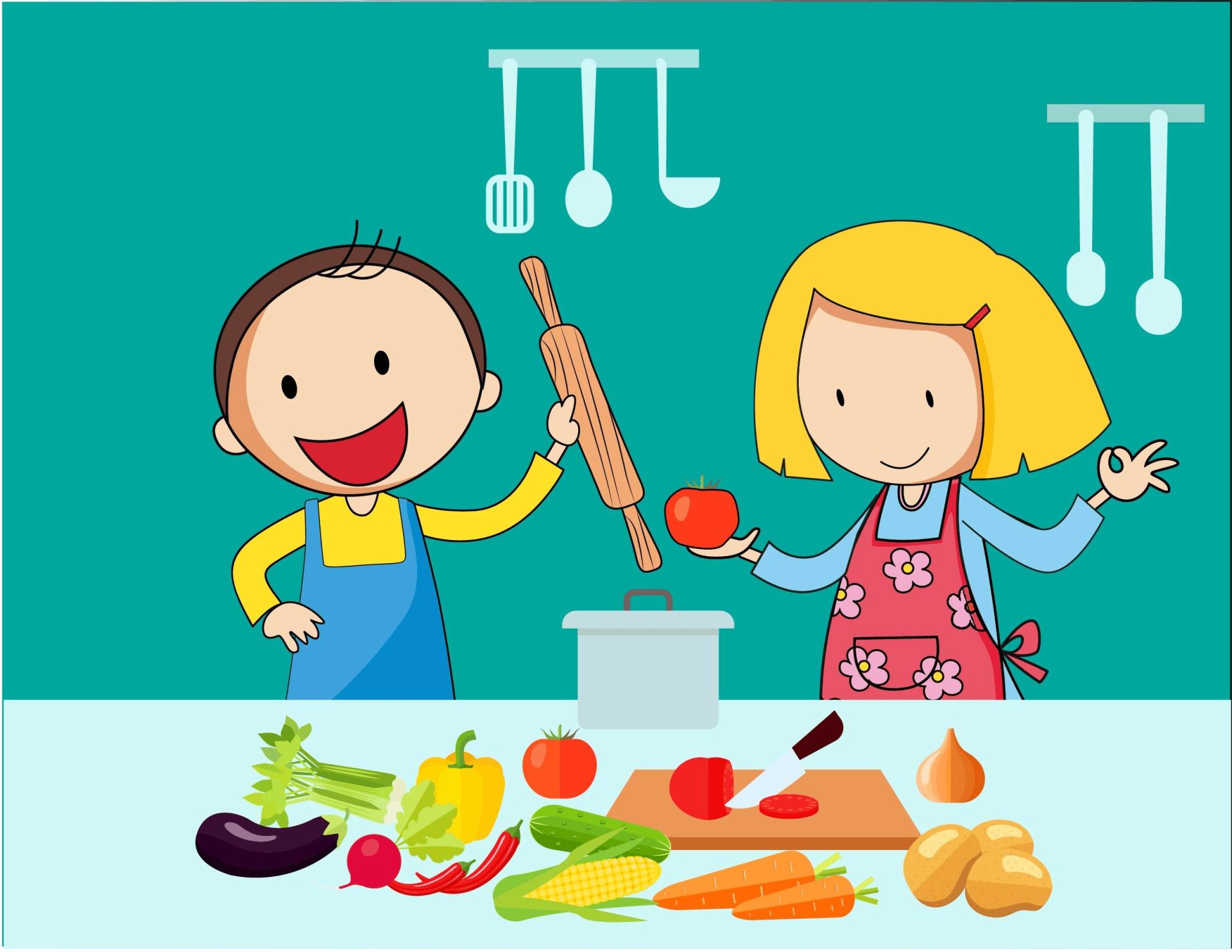 Max und Alina von der Power Bande stehen in der Küche und kochen mit Gemüse.