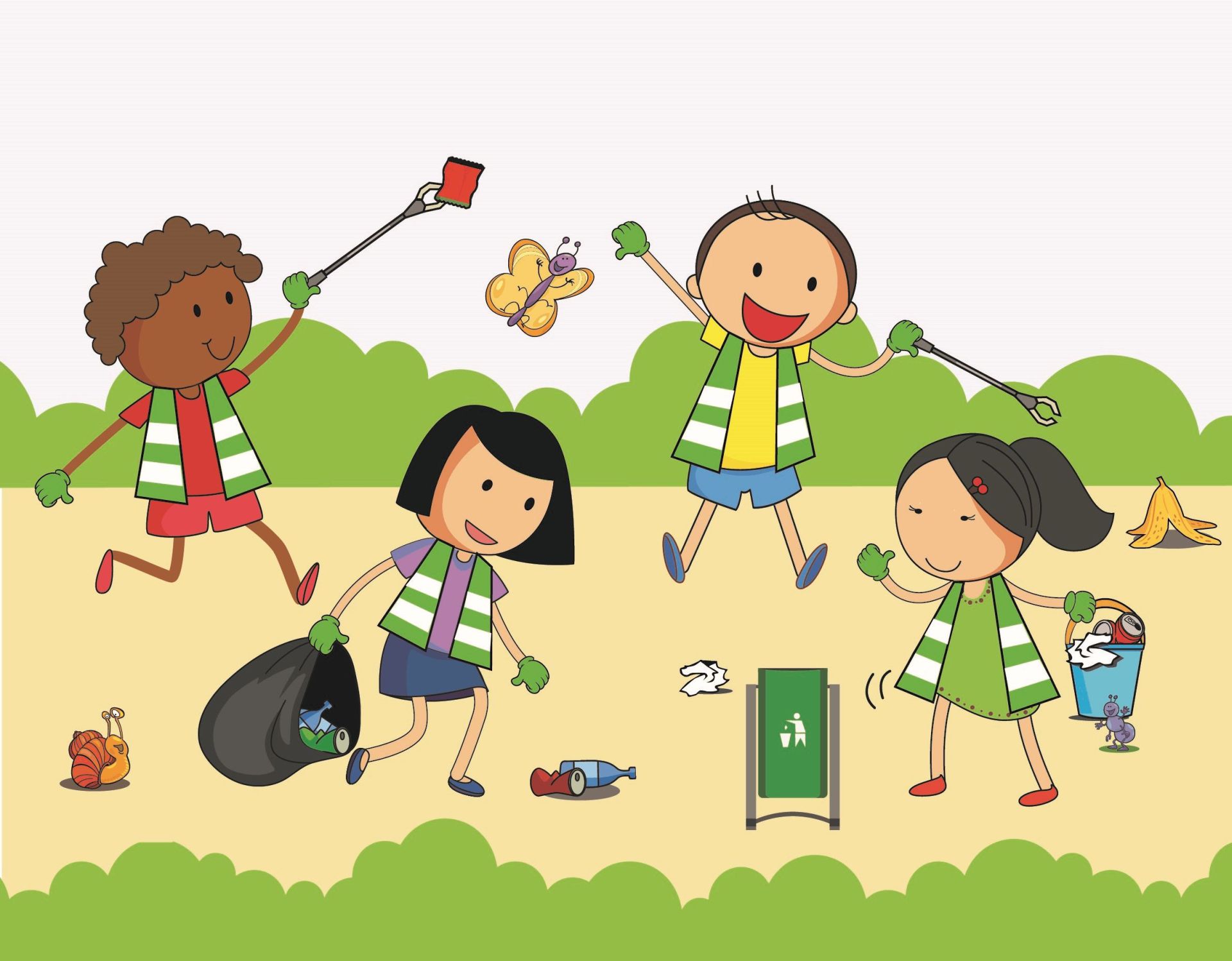 Die Kinder der Power Bande sammeln zusammen Müll.