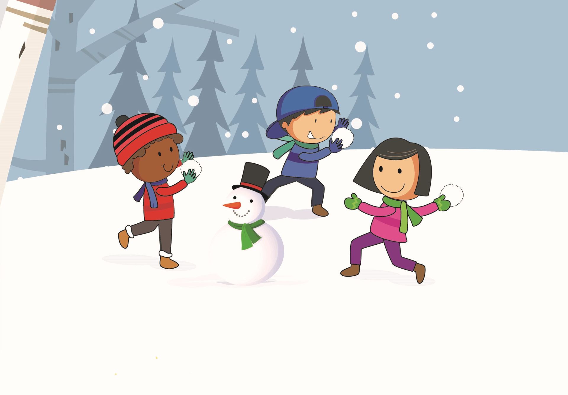 Die Kinder der Power Bande spielen draußen im Schnee.