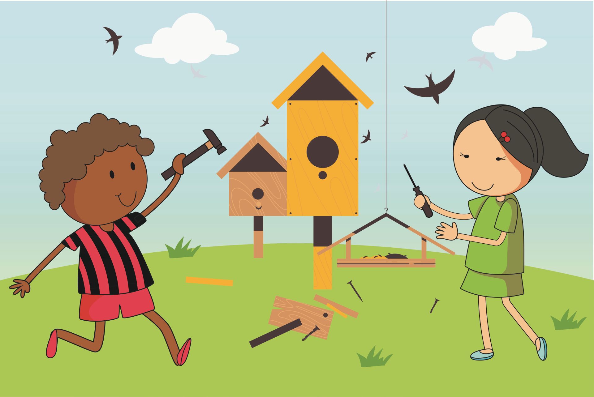 Die Kinder der Power Bande basteln ein Vogelhaus.