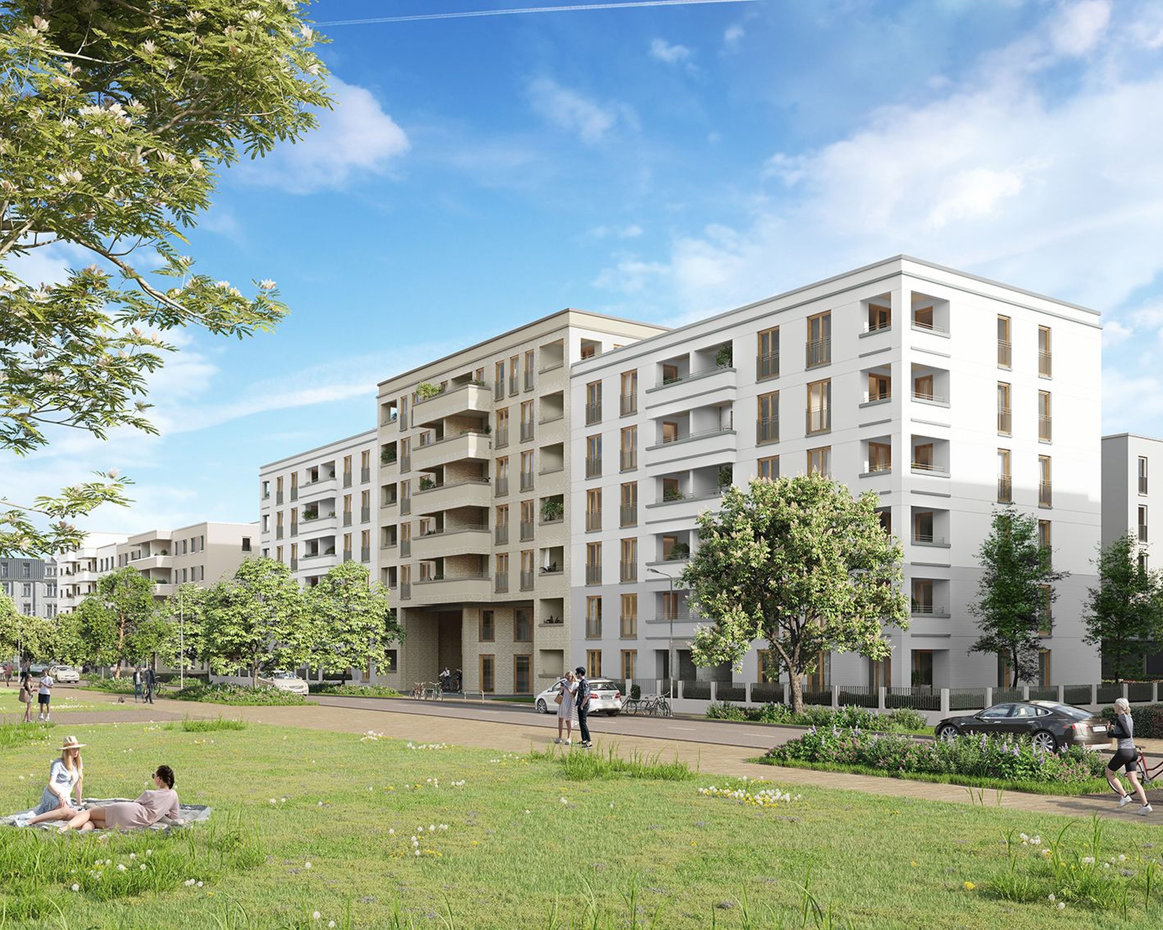 Haus hinter Wiese mit blauem Himmel