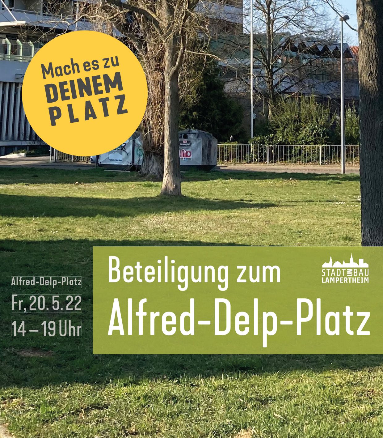 Wiese und Bäume mit Schrift im Vordergrund