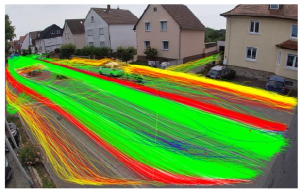 Grüne, rote und gelbe Linien, dahinter Häuser