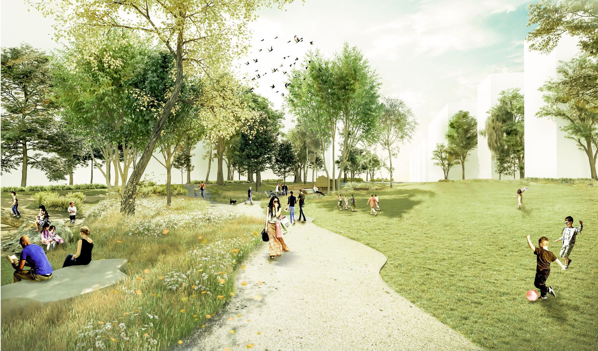 Visualisierung einer Parklandschaft mit Bäumen und einem Weg