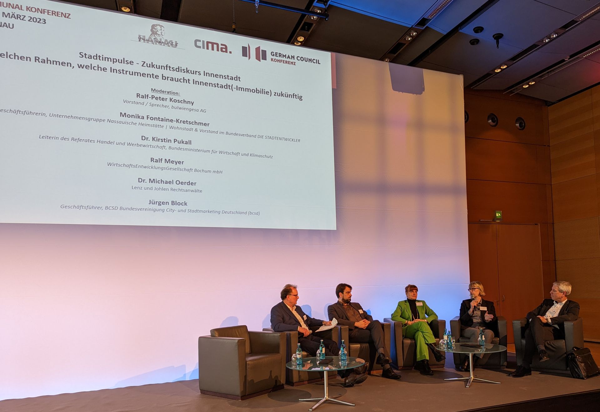 Fünfköpfige Expertenrunde mit Monika-Fontaine-Kretschmer auf Sofa, dahinter Screen