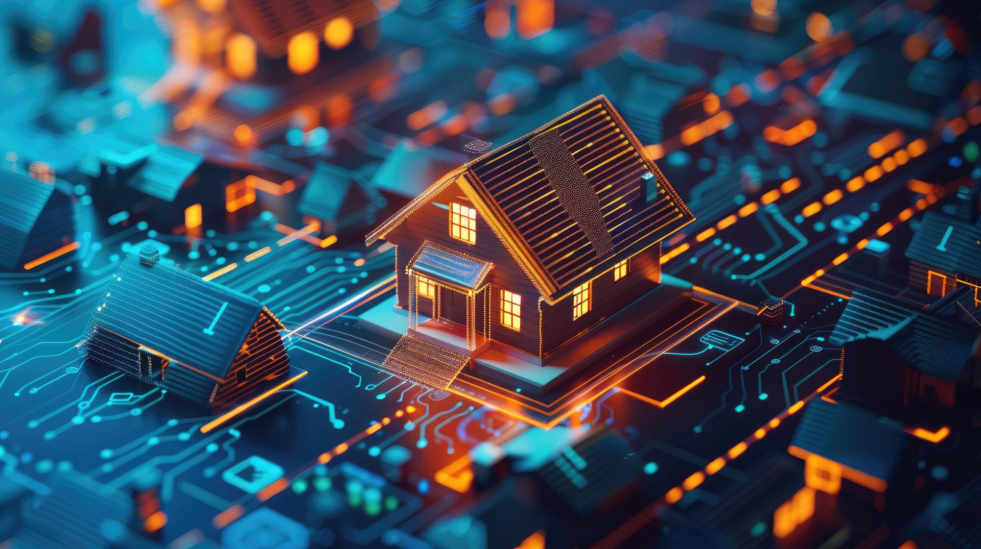 Mehrere Häuser, die mit Wärmeleitungen durchzogen bzw. davon umgeben sind; Symbolfoto zum Thema Wärmeplanung