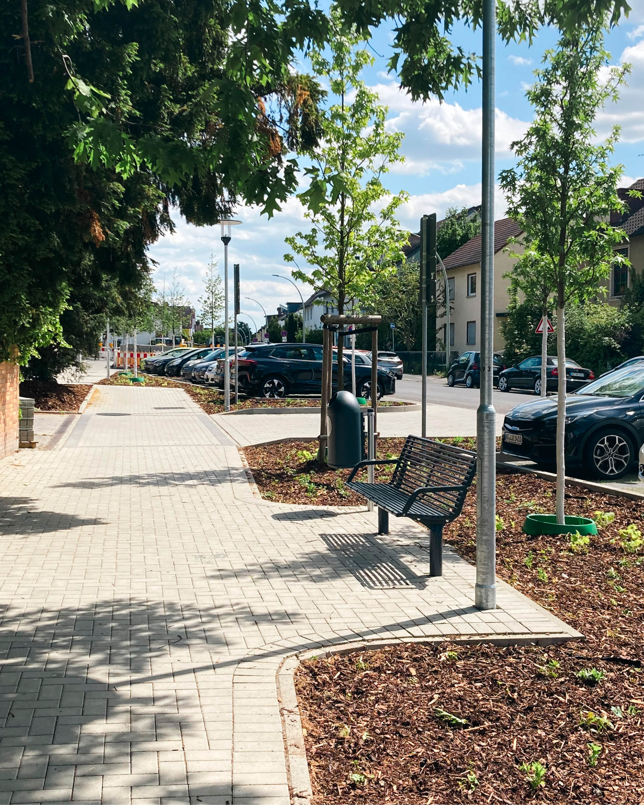 Neuer Gehweg, Randbepflanzung, Bank