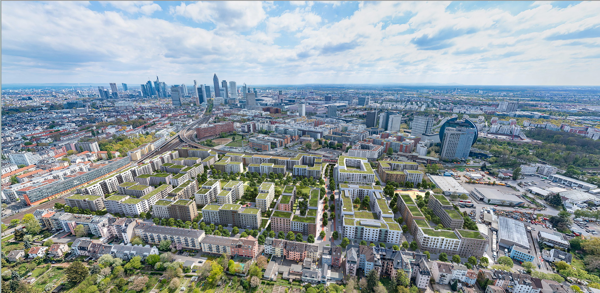 Luftaufnahme von Frankfurt, hineinmontiert die Visualisierung vom fertiggestellten Schönhof-Viertel