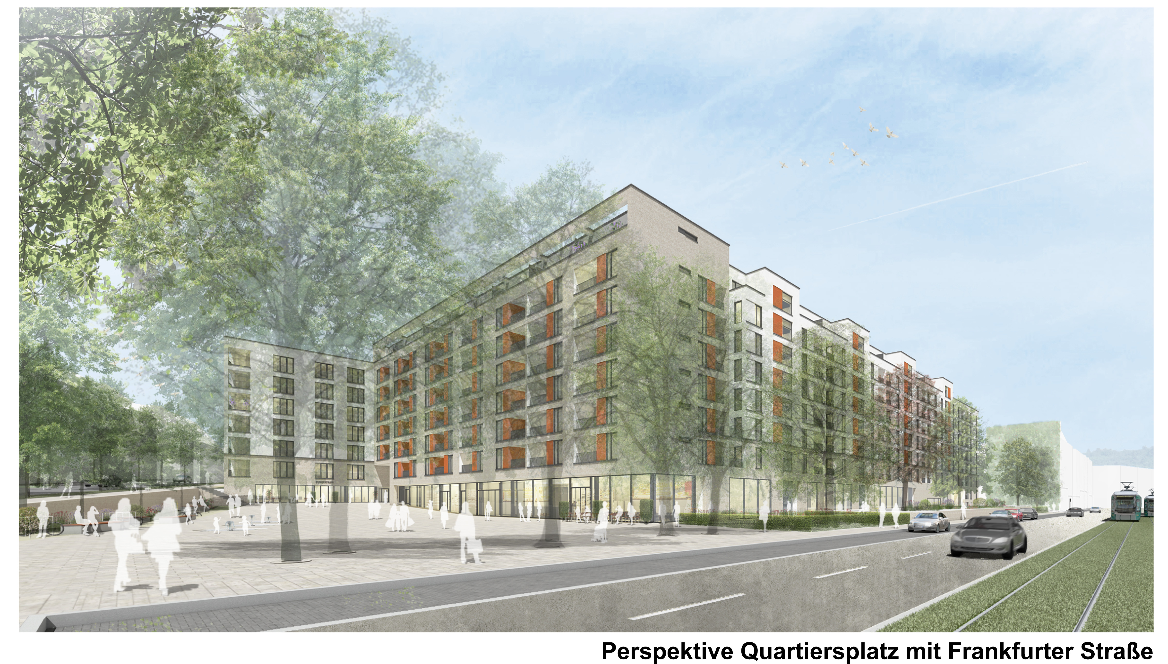 Blick von der Frankfurter Straße auf die "Neue Mitte Südstadt". Grafik: NHW / Hoechstetter und Partner Architekten