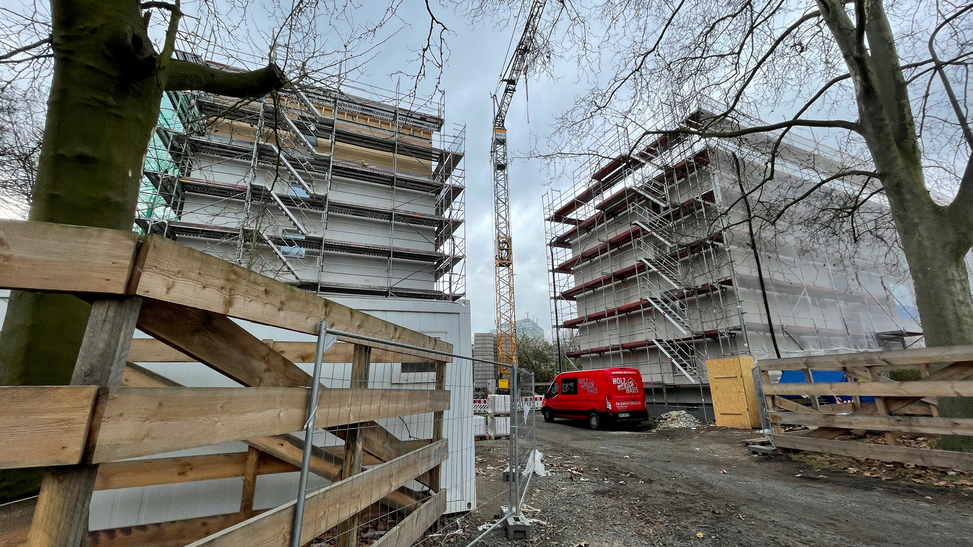 Häuser in der Adolf-Miersch-Siedlung stehen im Gerüst.