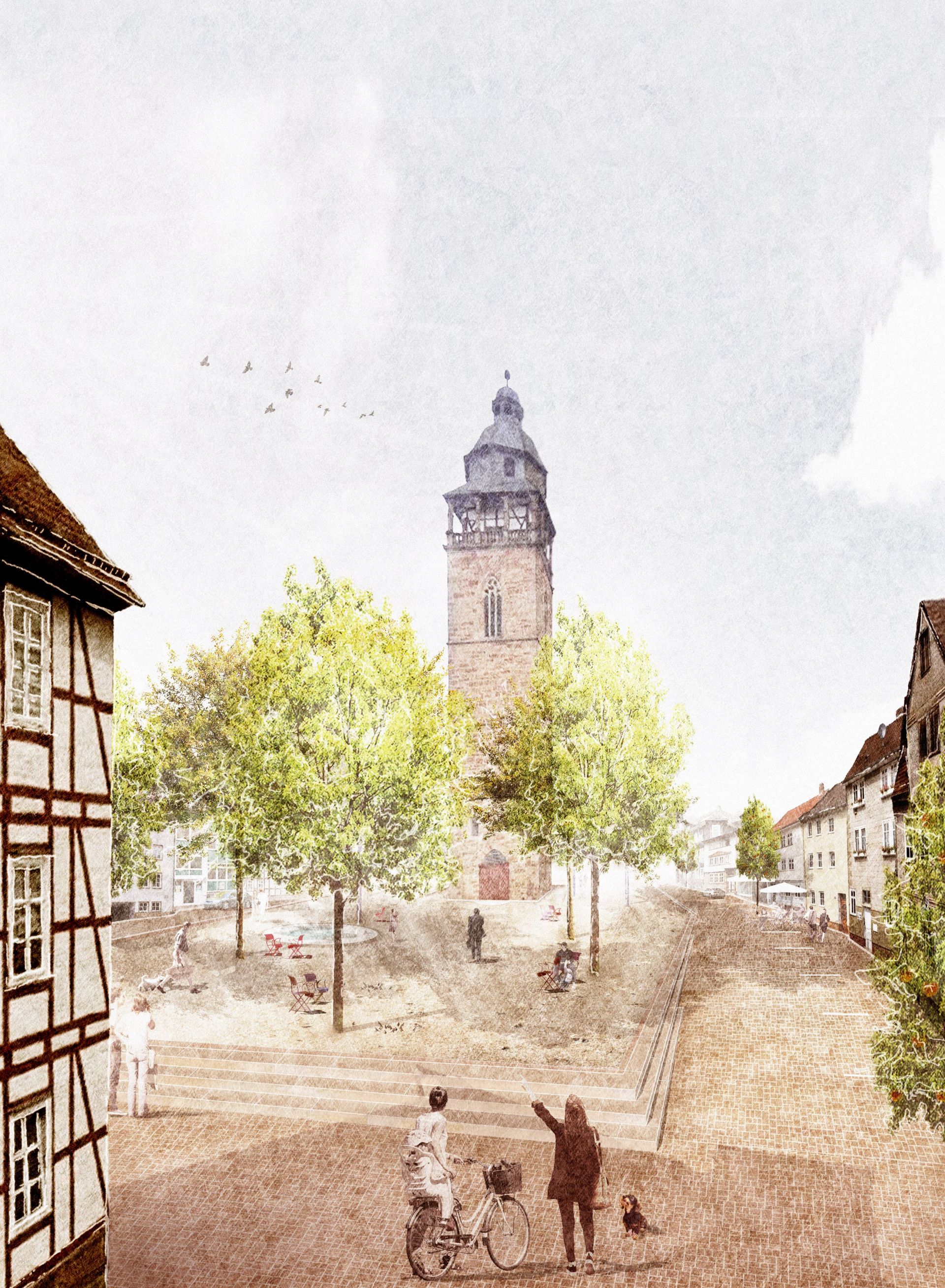 Abbildung des Nikolaiplatzes in Eschwege. Zu sehen ist ein hoher Turm auf einem freien Platz. Jener ist von Fachwerkhäusern umringt und bietet Platz für ein paar Bäume und Bänke.