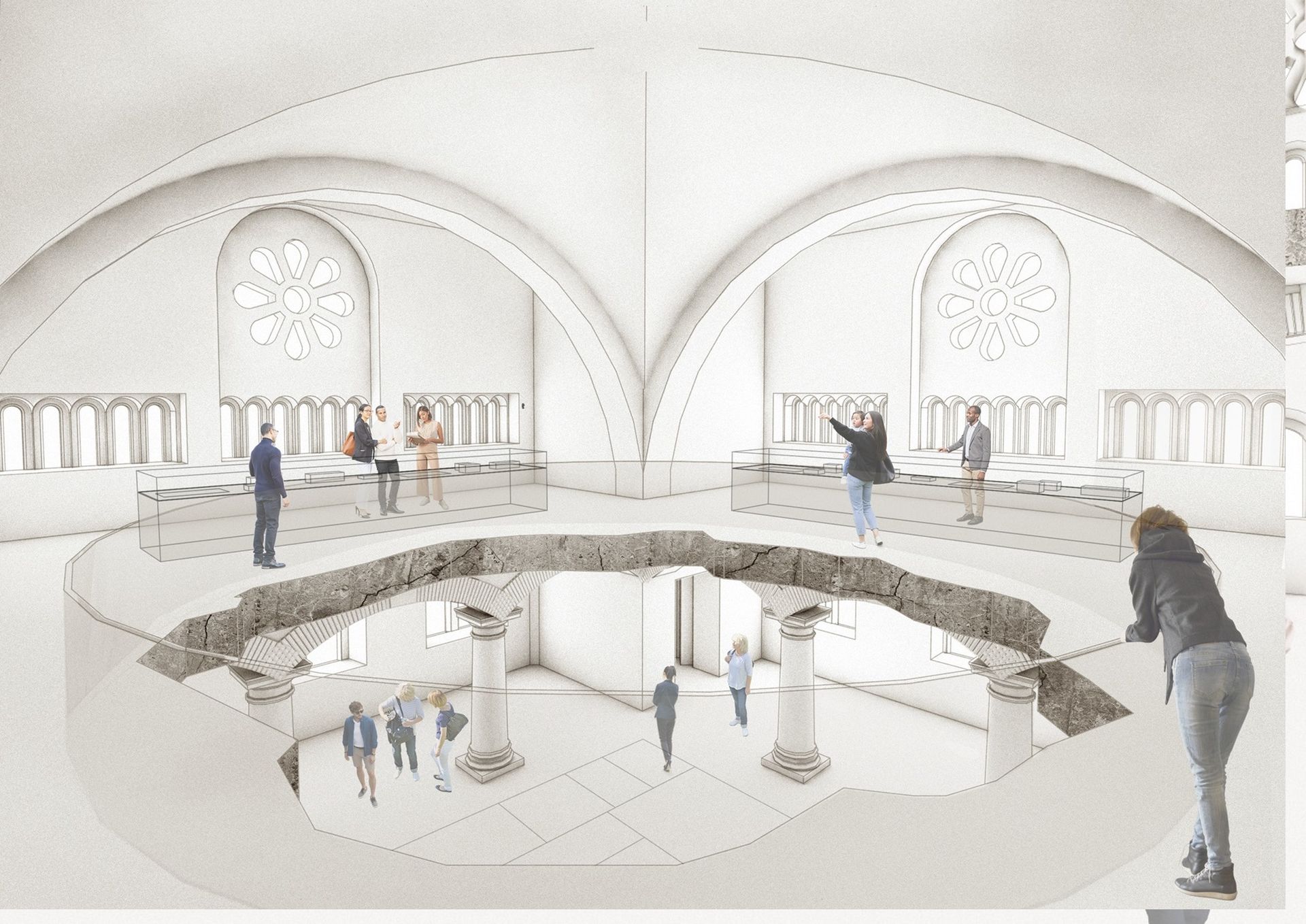 Sicht aus dem Obergeschoss der Synagoge durch einen Deckendurchbruch in das Untergeschoss.