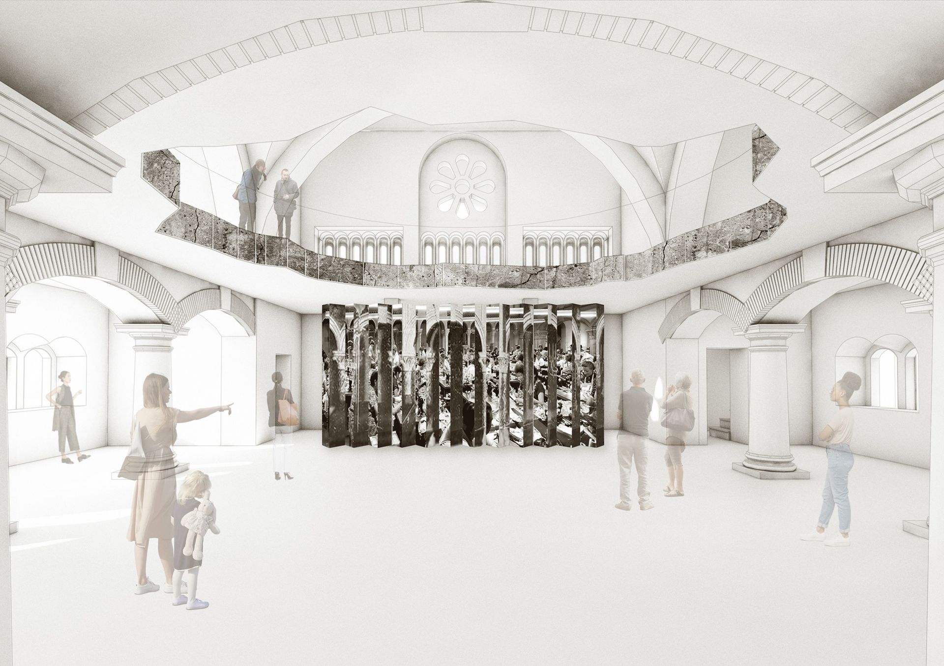 Eine 3D-Simulation des Inneren der Synagoge. Zu sehen sind Pfeiler am Rand des Raumes und ein rundes Loch in der Decke, durch welches mal ins Obergeschoss schauen kann. 