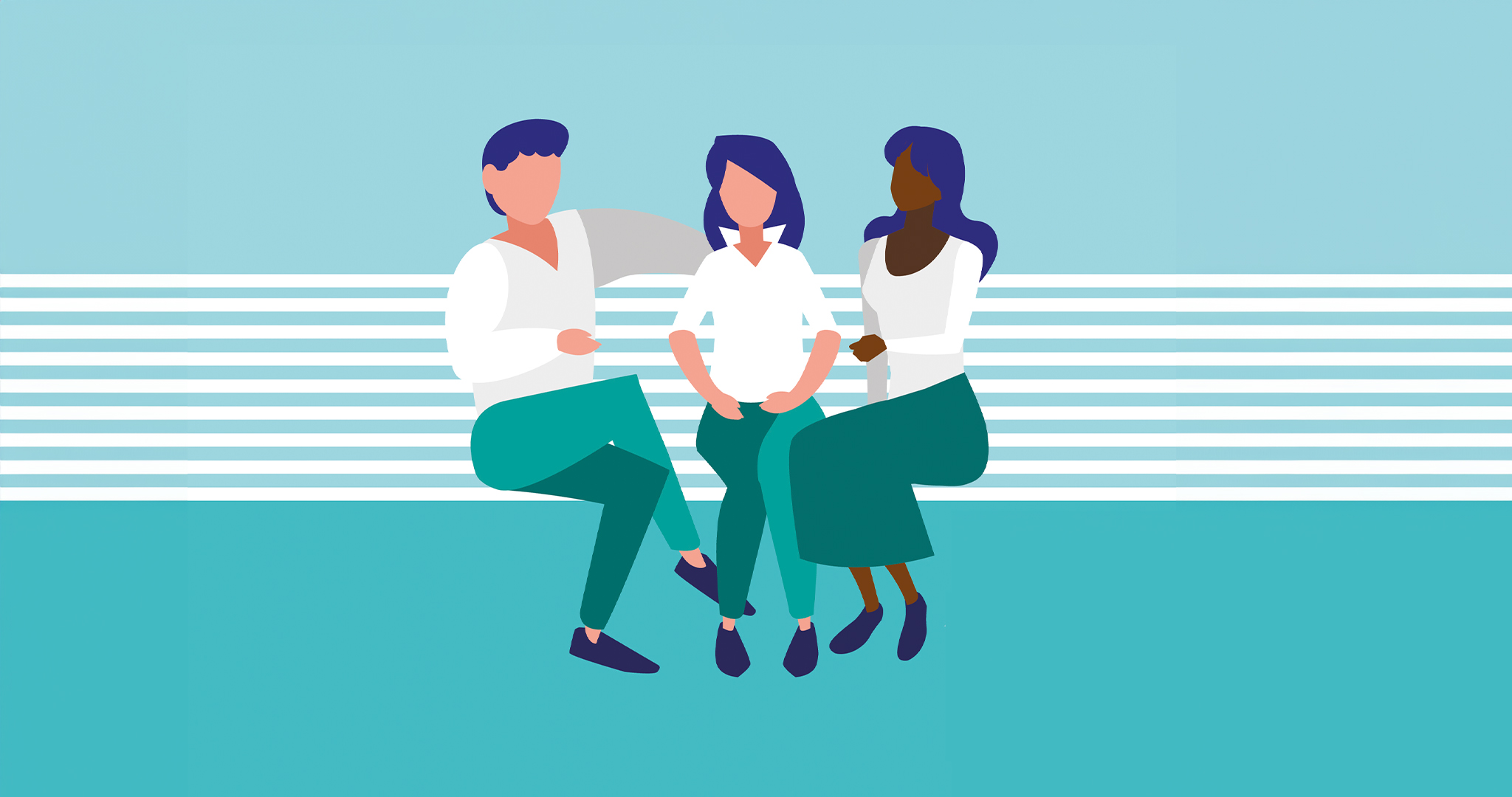 Illustration von drei Personen die auf einer Bank sitzen. Personen in ComicArt und ohne Gesicht. 