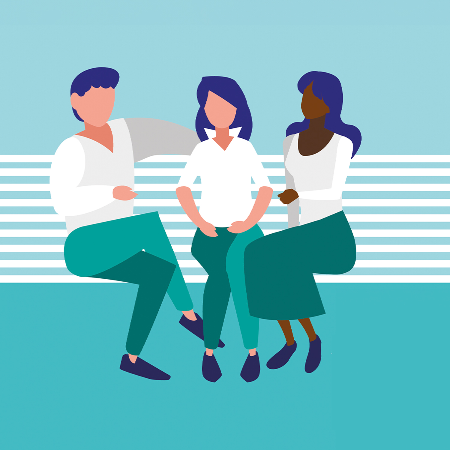 Illustration von drei Personen die auf einer Bank sitzen. Personen in ComicArt und ohne Gesicht. 