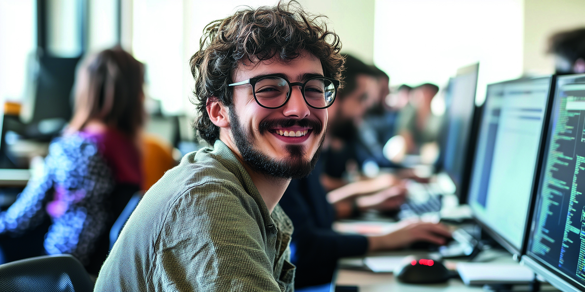 Junger Mann, de an einem Arbeitsplatz sitzt und in die Kamera lacht