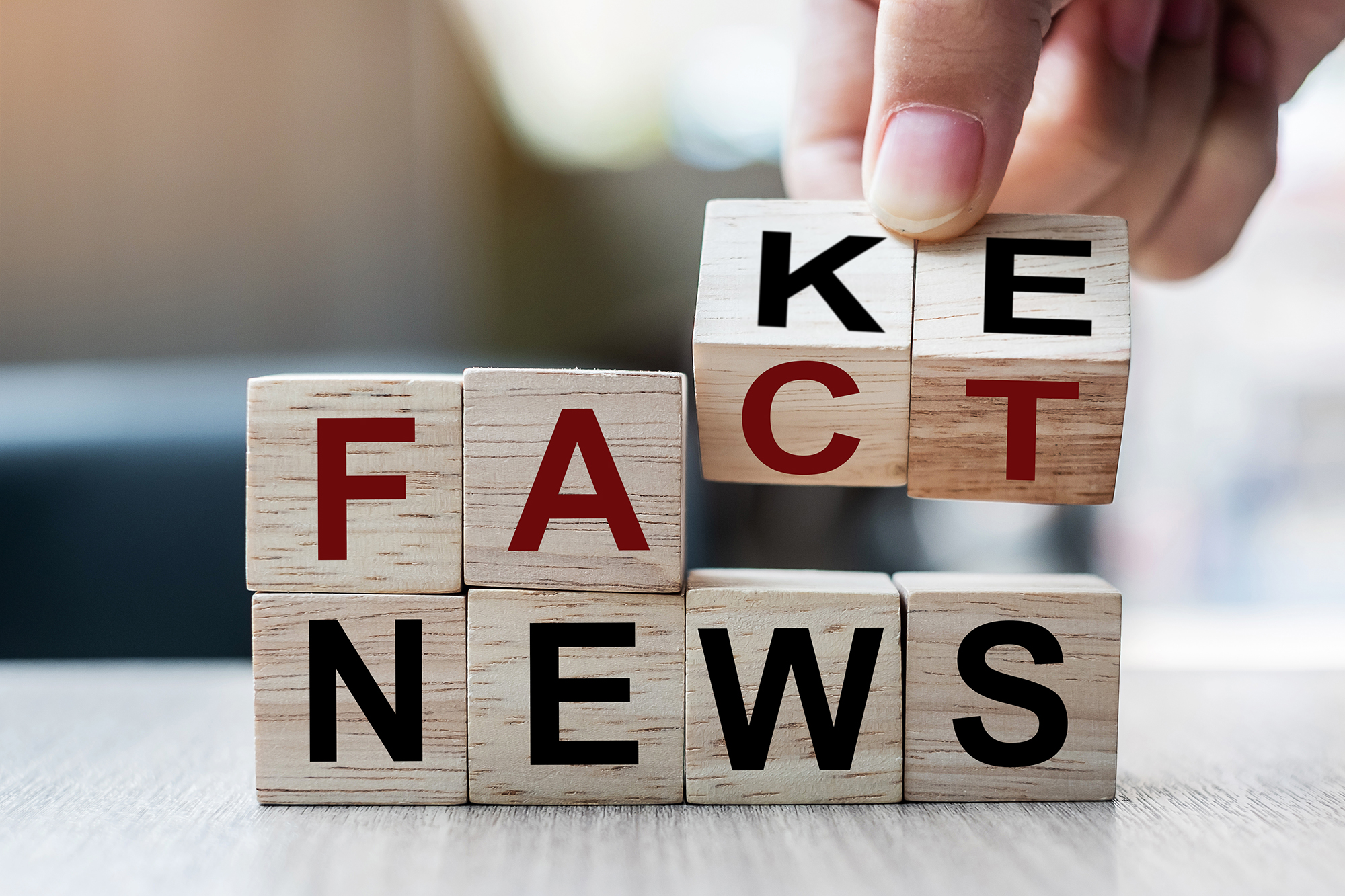 Bausteine mit einzelnen Buchstaben drauf. Die Bausteine mit der Baustein mit dem Buchstaben C kann auf K gedreht werden, ebenso der Buchstabe T auf ein E. Die Bausteine ergeben so entweder "Fake News" oder "Fact News".