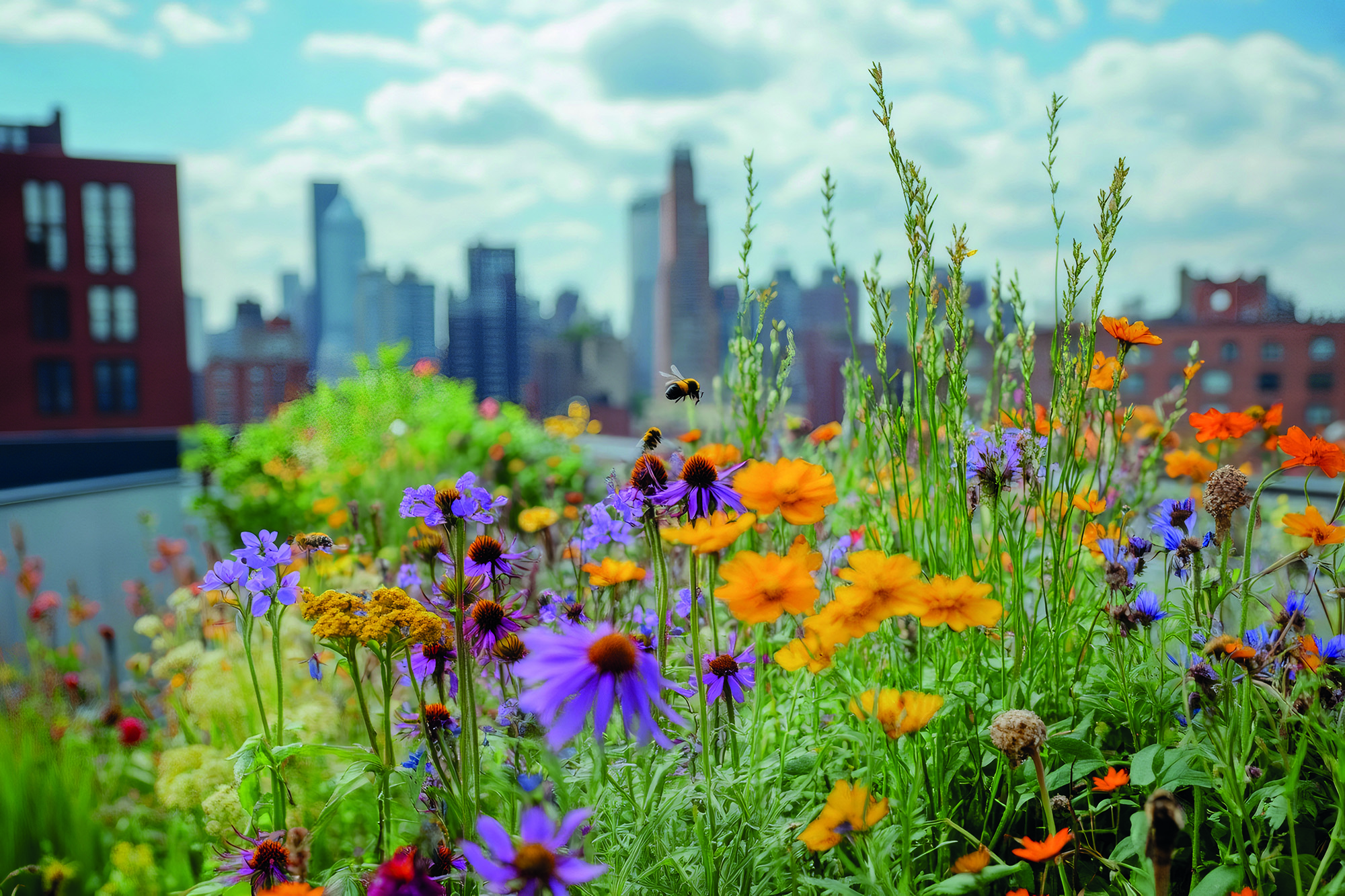 Wiese mit bunten Blumen im Vordergrund. Im Hintergrund Gebäude.