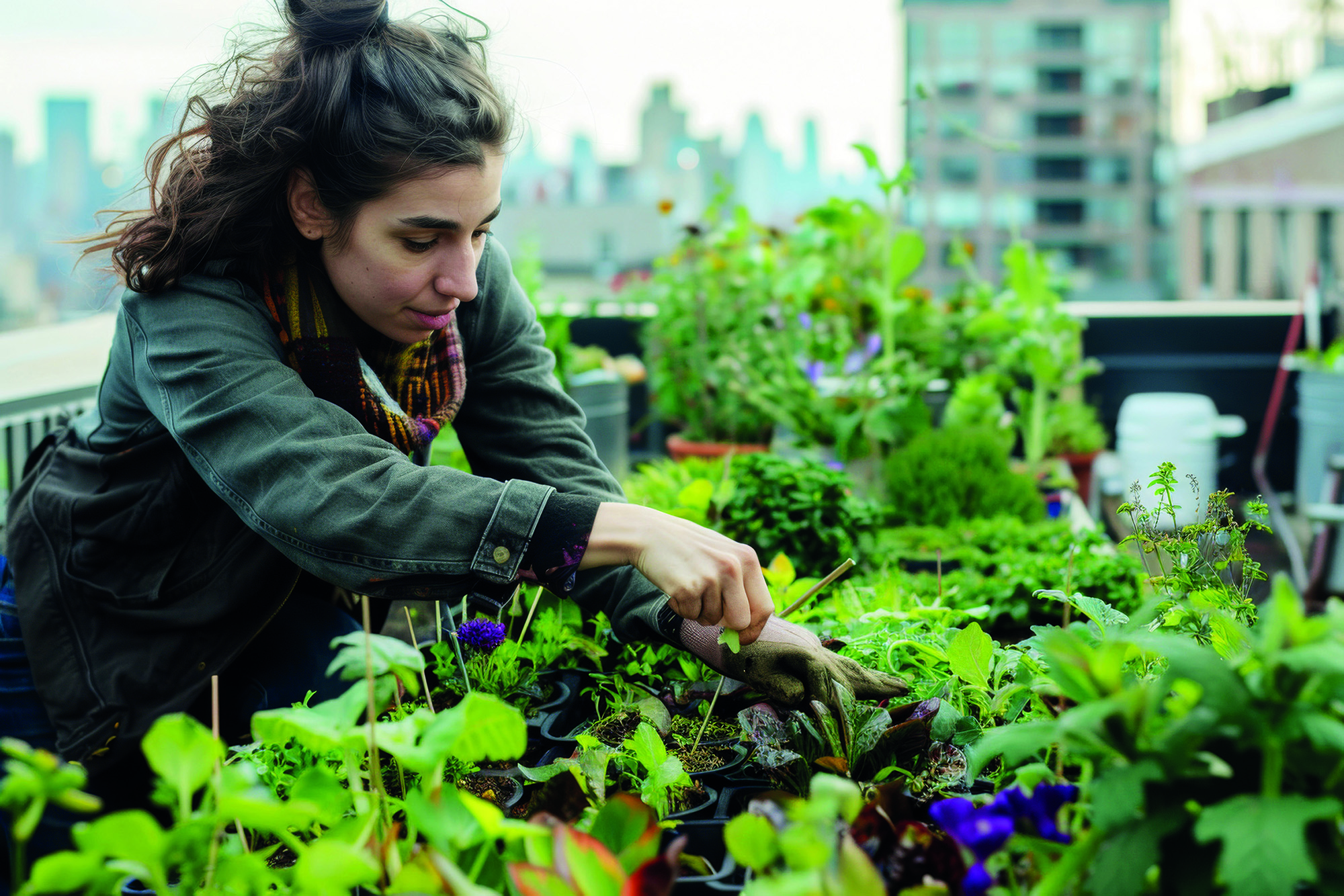 Frau beugt sich über ein Hochbeet und kümmert sich um die Pflanzen.