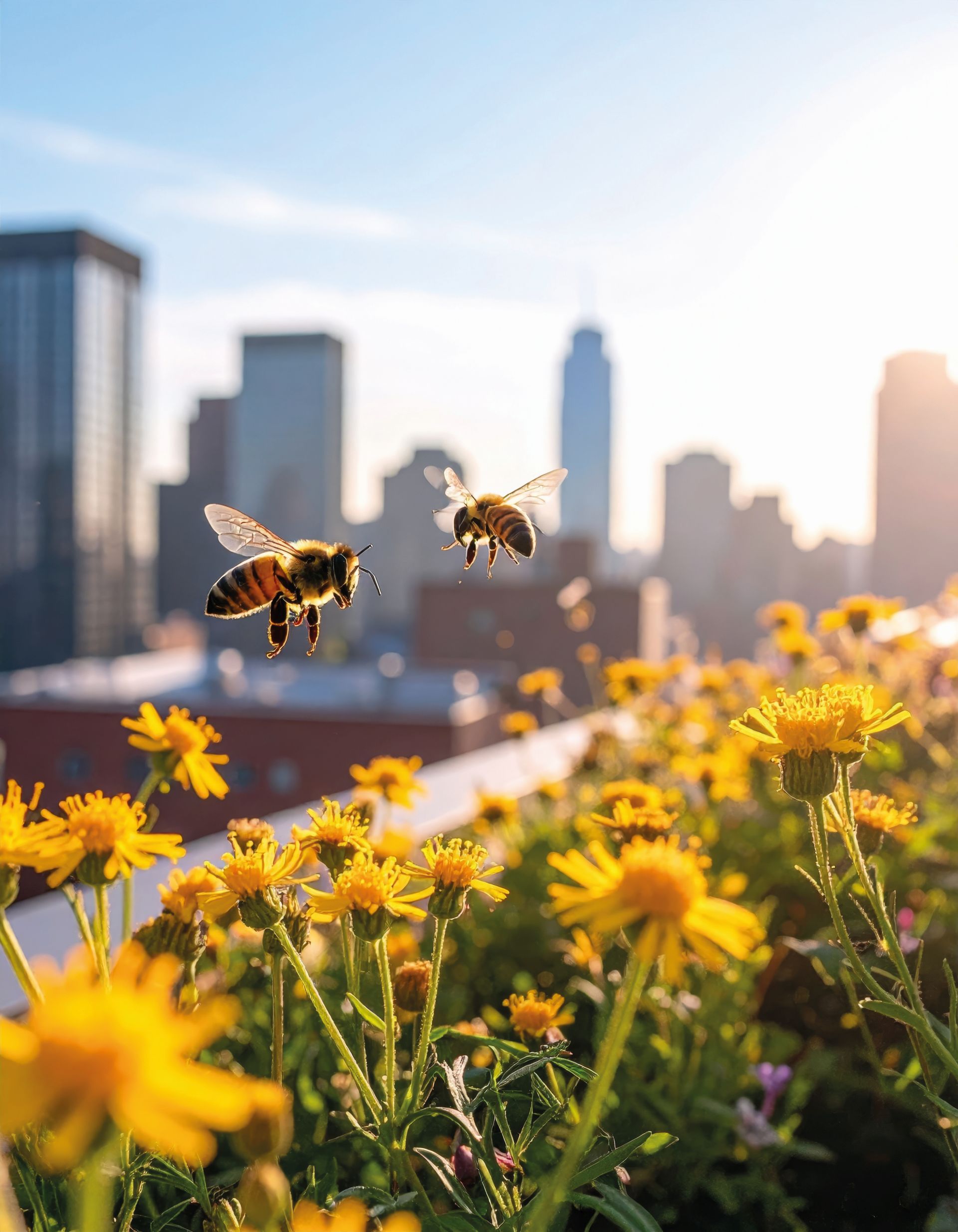 gelbe Sommerblumen im Vordergrund, Skyline im Hintergrund. Über den Blumen fliegen zwei Bienen