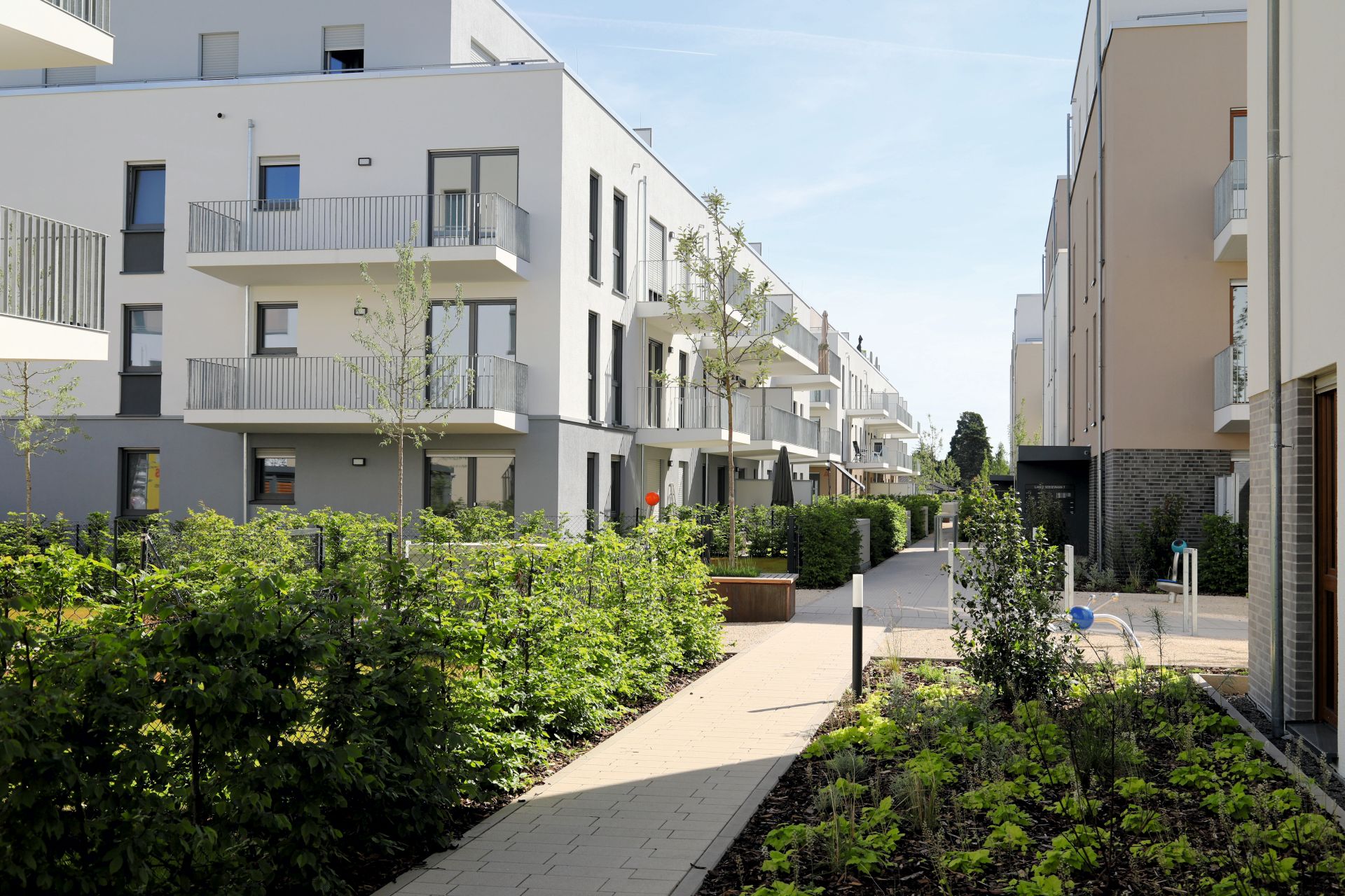 Neugebaute mehrgeschossige Häuser. Ein Weg führt zwischen den Häusern durch.